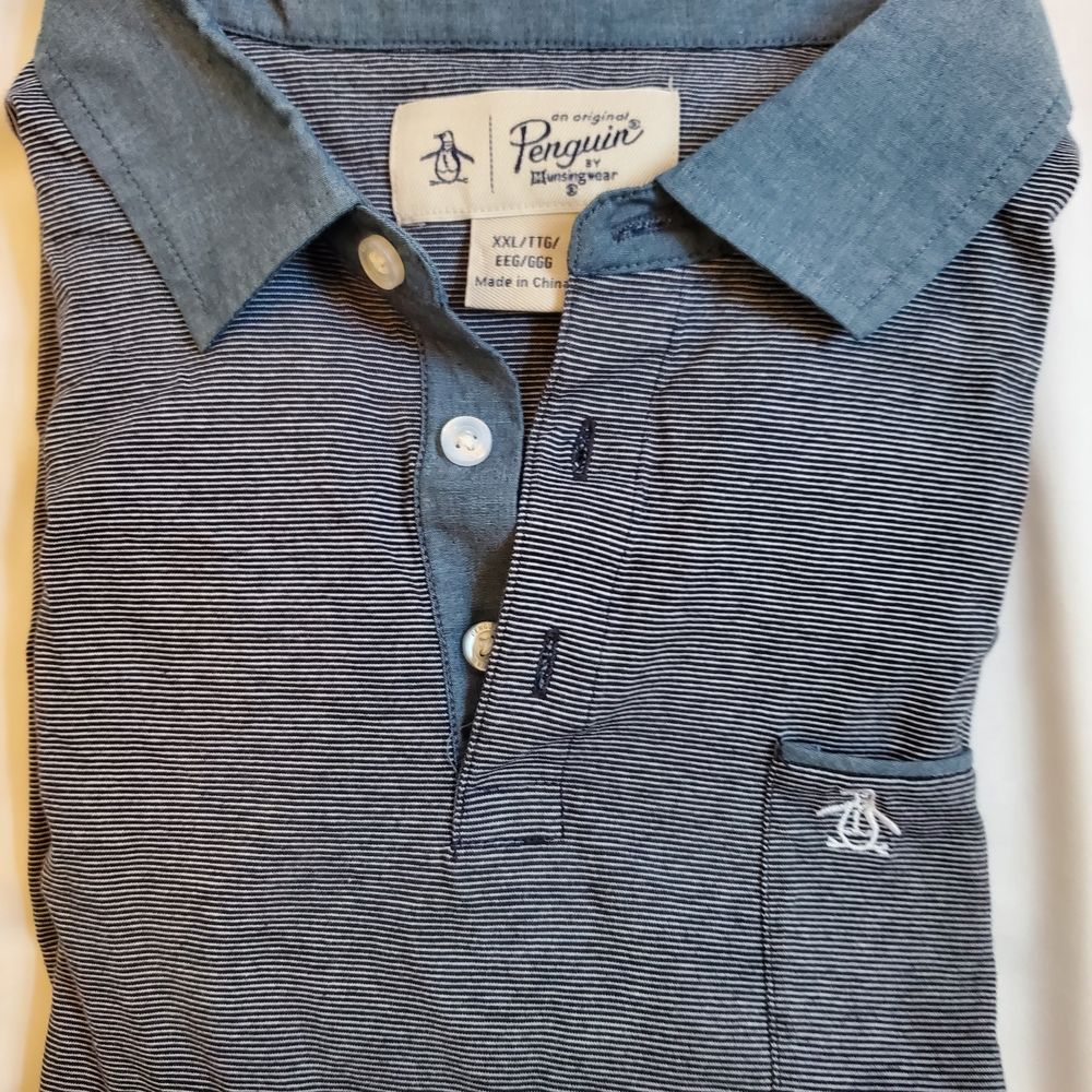 Penguin Blue and White Striped Polo